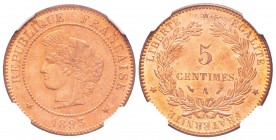 France, Troisième République 1870-1940    
5 centimes Cérès, Paris, 1893 A, AE 5 g.                
Ref : G.157a      
Conservation : NGC MS65 RD...