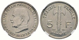 France, Etat Francais 1940-1944            
5 Francs Pétain, Paris, 1941, Cu-Al 4 g.           
Ref : G.764
Conservation : NGC MS62         