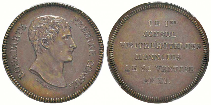 Consulat, Module de 5 Francs en bronze, Visite de l'Hôtel des monnaies par le Ie...