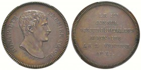 Consulat, Module de 5 Francs en bronze, Visite de l'Hôtel des monnaies par le Ier Consul le 21 ventose AN XI, Paris,  AN XI, AE 9.1 g. 
Ref : Maz.629...