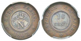 Premier Empire, Essai bimétallique de 10 centimes, Paris, 1807,  Zinc 2 g. 
Ref : G.188a, Maz. 595
Conservation : PCGS SP53. Rare