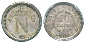 Premier Empire, Essai argent de 10 centimes, Paris, 1807, AG 1.8 g. 
Ref : Maz. 599 mais variante en argent
Conservation : PCGS SP63. Rarissime