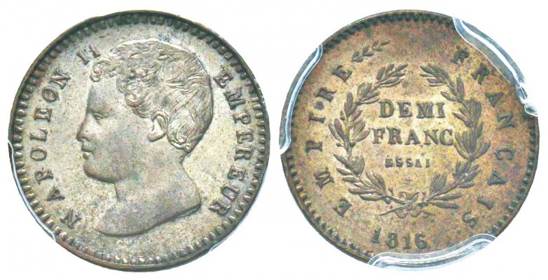 Napoléon II, Essai de 1/2 Franc, Paris, 1816, bronze argenté 2.9 g. 
Ref : G.40...