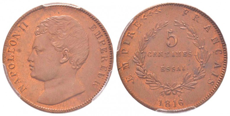 Napoléon II, Essai de 5 centimes en bronze, Paris, 1816, AE 10.5 g. 
Ref : G.13...
