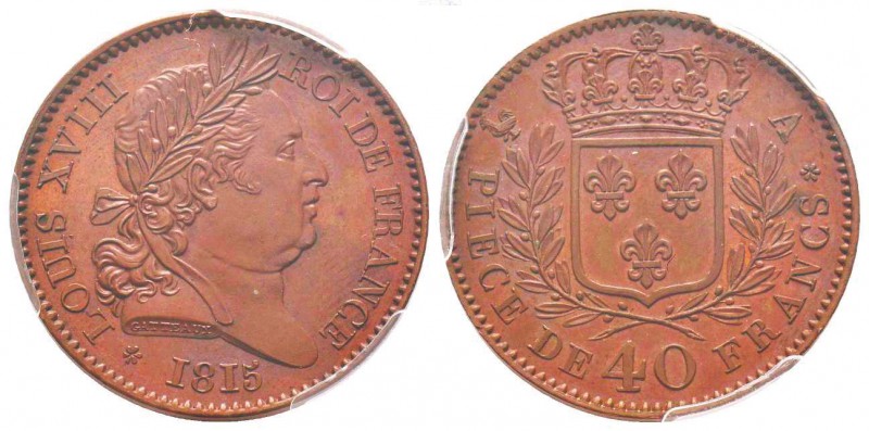 Louis XVIII, Essai de 40 Francs, Paris, 1815 A, AE 7.5 g. 
Ref :  Maz. 718b (R1...
