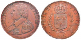 Louis XVIII, Essai de 5 Francs 1815 de Droz, Paris, 1815 A, AE 24.01 g. 
Ref :  G.602 (1989), Maz. 730a (R1)
Conservation : PCGS SP63 BN