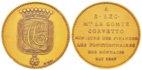 Louis XVIII, Module de 5 Francs 1817, visite du Compte Corvetto à Paris, Paris, 1817, Bronze doré 21.26 g. 
Ref : Maz. 790a variante dorée
Conservat...
