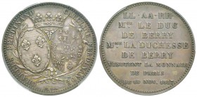 Louis XVIII, Monnaie de visite, module de 5 Francs, pour le duc et la duchesse de Berry à la Monnaie de Paris, Paris, 1817, AG 24.99 g. 
Ref : G.617a...