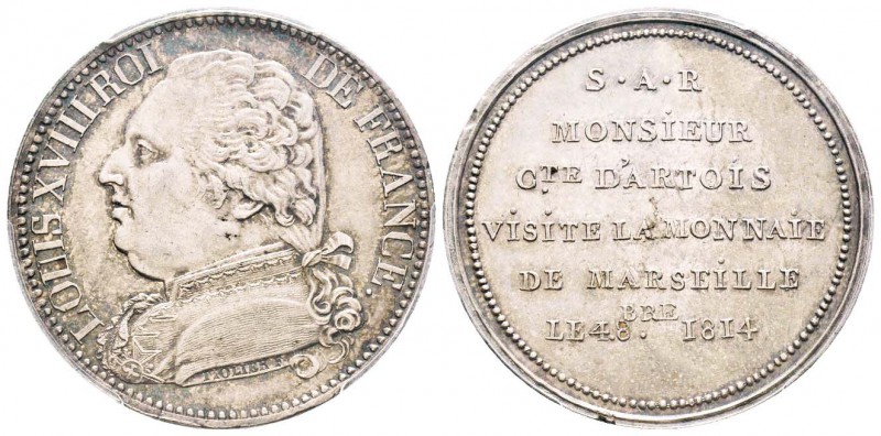 Louis XVIII, Module du 5 Francs sur flan argent, Visite du Comte d'Artois à la m...