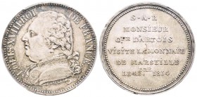 Louis XVIII, Module du 5 Francs sur flan argent, Visite du Comte d'Artois à la monnaie de Marseille le 4 octobre 1814, AG  24.92 g. 
Ref : G.593b (19...