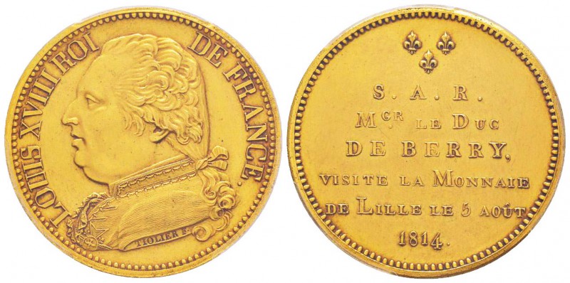 Louis XVIII, Module du 5 Francs, Lille, le 5 août 1814, Bronze doré 22.08 g. 
R...