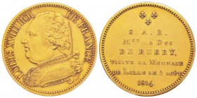Louis XVIII, Module du 5 Francs, Lille, le 5 août 1814, Bronze doré 22.08 g. 
Ref :  G.592 (1989), Maz. 802b (R1)
Conservation : PCGS SP62 GILT. Rar...