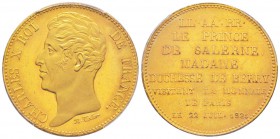 Charles X, Module de 5 Francs, visite du Prince de Salerne et Duchesse de Berry, par Tiolier, Paris, 1825, Bronze doré 22.8 g. 
Ref : G.645 var.(1989...