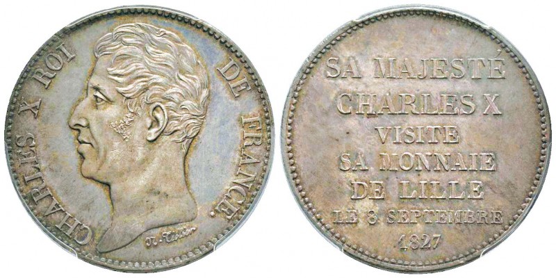 Charles X, Module de 5 Francs, visite de la Monnaie de Lille, par Tiolier, Paris...