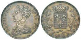 Henri V, Epreuve en argent du 5 Francs, Paris, 1831, AG 24.67 g. 
Ref : G.651 (1989), Maz.905 (R2)
Conservation : PCGS SP62. Très jolie patine grise...