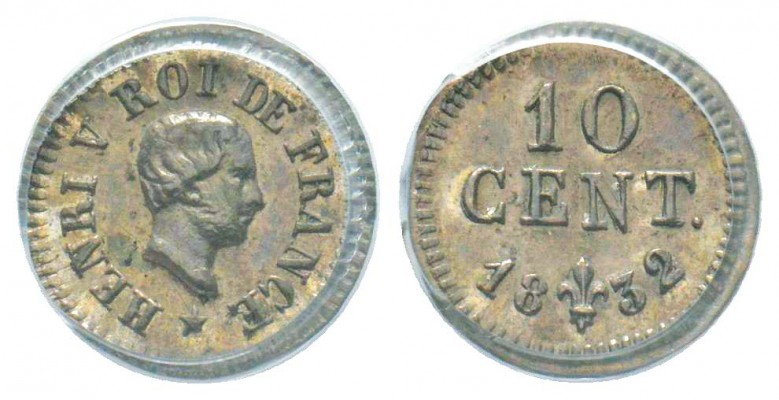 Henri V, Epreuve de 10 centimes petit module, Bruxelles, 1832, AG 0.48 g. 
Ref ...