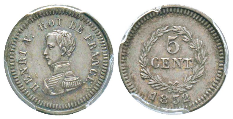 Henri V, Epreuve de 5 centimes, 1832, AG 1.89 g. 
Ref : G.139 (1989), Maz.923 (...