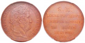 Louis Philippe I, Essai au module de 5 Francs, visite de la Monnaie de Rouen, Rouen, 1831, AE 23 g. 
Ref :  G.679c (1989), Maz.1168b
Conservation : ...
