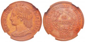 Louis Philippe I, Concours de 10 centimes, Essai de Rogat, troisième concours, 1848, AE 14 g. 
Ref : Maz.1363 (R2)
Conservation : NGC MS63 BN