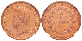 Louis Philippe I, Colonies Françaises, 5 centimes Francs de Thonnelier frappe médaille, 1844 A, AE 10 g. 
Ref : Lec. 312
Conservation:NGC MS63 RB