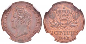 Louis Philippe I, Essai de  2 centimes, 1842, AE 3 g. 
Ref : Maz.1116
Conservation : NGC MS63 RB