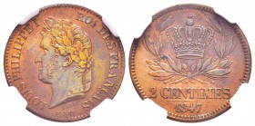 Louis Philippe I, Essai de  2 centimes, 1847, AE 3 g. 
Ref : Maz.1119
Conservation : NGC MS63 BN