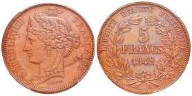 IIème République, Essai de 5 Francs par Domard, Paris, 1848, bronze 26.9 g. 
Ref : G.694 var. (1989), Maz.1276 variante en bronze
Conservation : PCG...