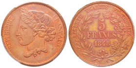 IIème République, Essai de 5 Francs 2ème concours de Gayrard, Paris, 1848, AE 26.9 g. 
Ref : G.697(1989), Maz.1282c/1265d
Conservation : PCGS SP64 R...