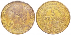IIème République, Essai de 5 Francs par Magniadas, Paris, 1848, cuivre 28.55 g. 
Ref : G.701 (1989), Maz.1285/1265 
Conservation : PCGS SP62 Brass