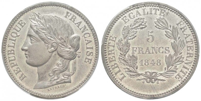 IIème République, Essai de 5 Francs par Reynaud, Paris, 1848, Étain 17.32 g. 
R...