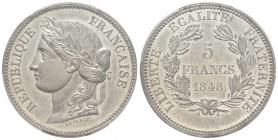 IIème République, Essai de 5 Francs par Reynaud, Paris, 1848, Étain 17.32 g. 
Ref : G.710 (1989), Maz.1295a (R1)
Conservation : PCGS SP63