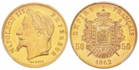 Second Empire, Napoléon III, Essai de 50 Francs tranche lisse, Paris, 1862, jeton en bronze doré 10 g. 
Ref : Maz.1601 var. (R4)
Conservation : PCGS...