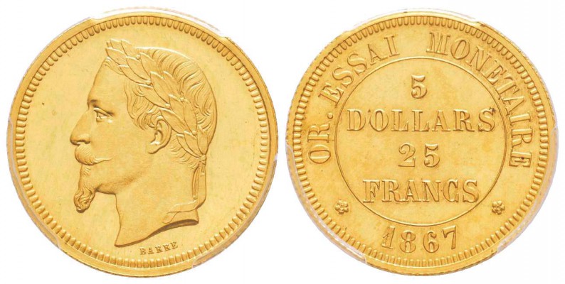 Second Empire, Napoléon III, Essai Monetaire en or de 25 Francs / USA, 5 Dollars...