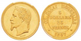 Second Empire, Napoléon III, Essai Monetaire en or de 25 Francs / USA, 5 Dollars, par Barre, Paris, 1867, AU 8.06  g. 
Avers : Tête laurée de Napoleo...