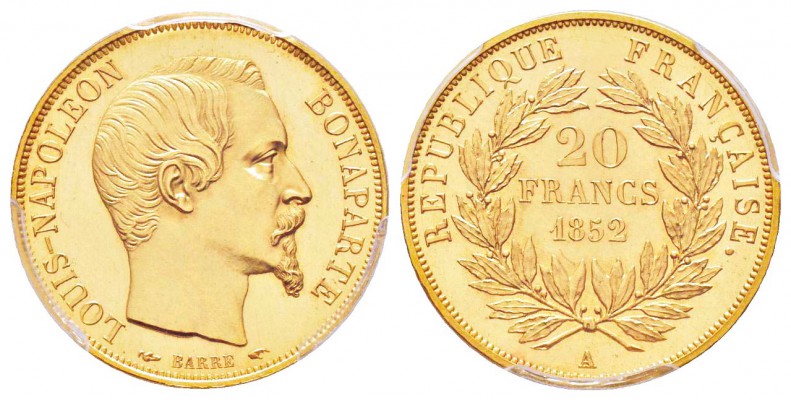 Second Empire, Napoléon III, 20 Francs tranche lisse, Paris, 1852 A, Flan bruni,...