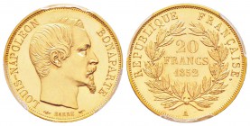 Second Empire, Napoléon III, 20 Francs tranche lisse, Paris, 1852 A, Flan bruni, AU 6.45 g. 
Ref : G.1060
Conservation : PCGS PR66 CAMEO