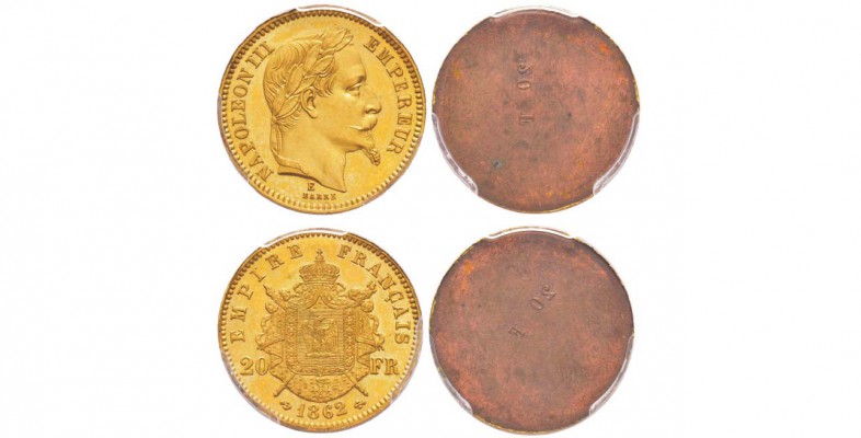 Second Empire, Napoléon III, paire d'Essais Unifaces en bronze doré des avers et...
