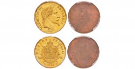 Second Empire, Napoléon III, paire d'Essais Unifaces en bronze doré des avers et revers du 20 Francs or - 1862 E., Paris, 6.45 g. 
Ref : G.1062, Maz....