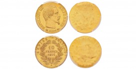 Second Empire, Napoléon III, paire d'Essais Unifaces en bronze doré des Avers et Revers du 10 Francs or - 1856 A, Paris 
Ref : G. 1015, Maz.1619  (R2...