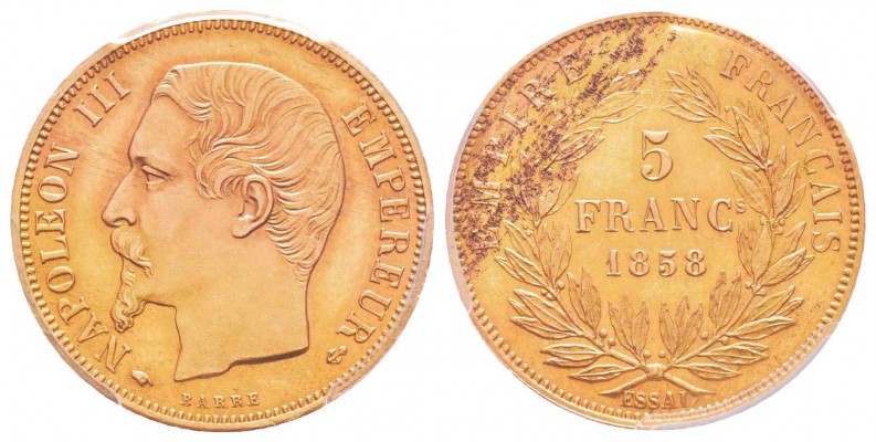 Second Empire, Napoléon III, Essai en bronze doré du 5 Francs module du 1 Franc,...