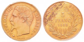 Second Empire, Napoléon III, Essai en bronze doré du 5 Francs module du 1 Franc, Paris, 1858, AU  6.45 g. 
Ref : G.736, Maz.1644a (R3)
Conservation ...