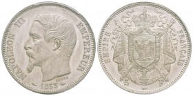 Second Empire, Napoléon III, Piéfort de 5 Francs de Barre, Paris, 1853,  Tranche lisse, Étain  18 g. 
Ref : G.728, Maz. 1631 (R3) variante
Conservat...