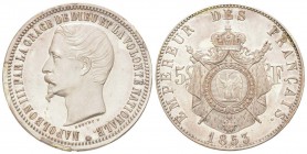 Second Empire, Napoléon III, èpreuve de 5 Francs de Bouvet, Paris, 1853, AG 25.3 g. (white metal)
Ref : G.731 , Maz. 1635 (R3) 
Conservation : trace...