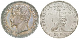 Second Empire, Napoléon III, Essai de 5 Francs / 10 réaux (reales) du Paraguay, par Bouvet, 1863, AG 25 g. 
Ref : G.733a, Maz. 1739 (R3) 
Conservati...