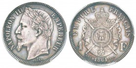 Second Empire, Napoléon III, Essai de 1 Franc tête laurée, tranche lisse, Paris, 1861 E, AG 5 g. 
Ref : G.463, Maz. 1670 (R3)
Conservation : PCGS SP...