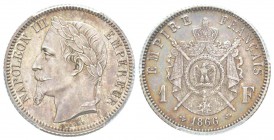 Second Empire, Napoléon III, Essai de 1 Franc tête laurée, frappé sur flan bruni, Paris, 1866 E, AG 5 g. 
Ref : G.463 , Maz. 1672 (R3)
Conservation ...
