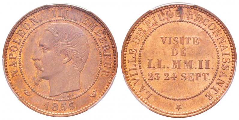 Second Empire, Napoléon III, Essai de 10 centimes, 1853 AE 10 g. 
Ref : G.249c,...