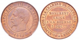 Second Empire, Napoléon III, Essai de 10 centimes,  1854 AE 10 g. 
Ref : G.251c, Maz.1754b (R1)
Conservation : PCGS MS63 BN. Rare