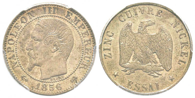 Second Empire, Napoléon III, Essai de 5 centimes, 1856, Maillechort 4.7 g. 
Ref...