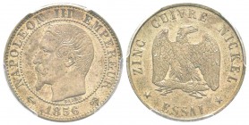 Second Empire, Napoléon III, Essai de 5 centimes, 1856, Maillechort 4.7 g. 
Ref : G.154, Maz.1740 (R2)
Conservation : PCGS SP62